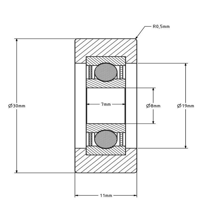 Polyurethan Führungsrolle 30 mm - Kugellager - 22 kg