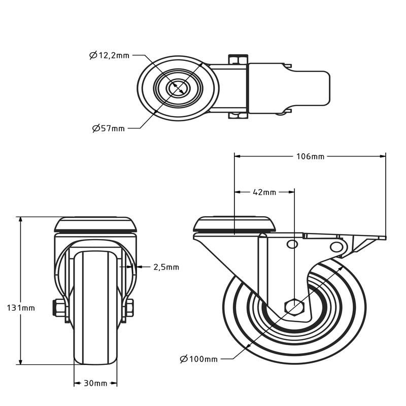 ESD-Polyurethan-Lenkrolle mit Bremse 100 mm - Edelstahl - 80 kg