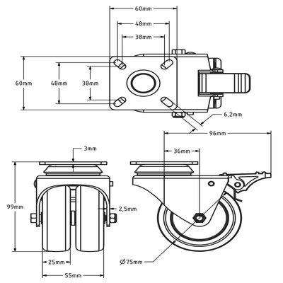 Apparate-Doppelrolle mit Bremse 75 mm - Gleitlager - Platte - 120 kg