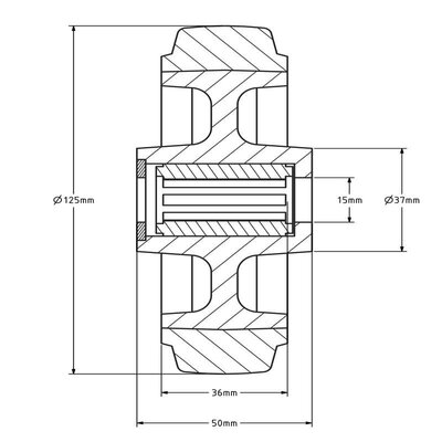 Elastisches Gummirad 125 mm - Edelstahl-Rollenlager 15 mm - 250 kg