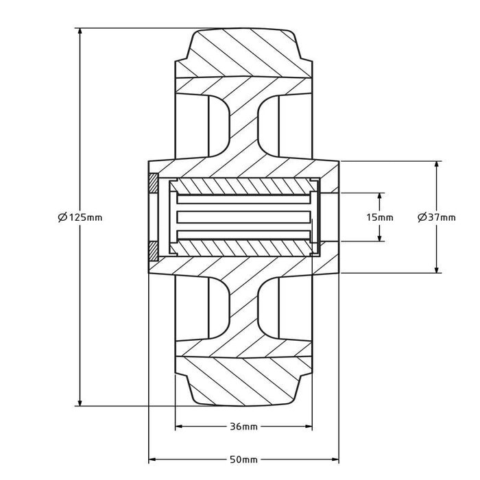 Elastisches Gummirad 125 mm - Edelstahl-Rollenlager 15 mm - 250 kg