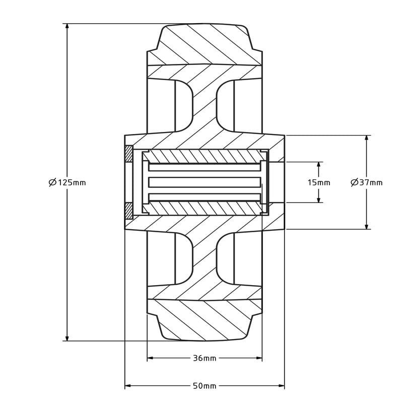 Elastisches Gummirad 125 mm - Edelstahl-Rollenlager 15 mm - 250 kg