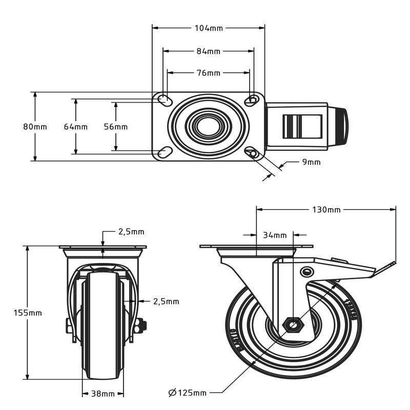 Elastische Gummi-Lenkrolle mit Bremse 125 mm - Kugellager - 220 kg