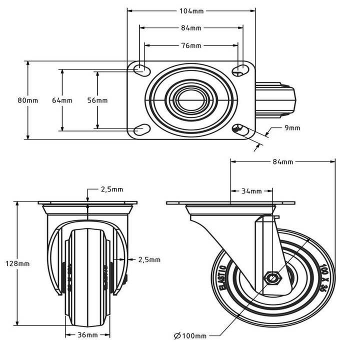 Blue Wheel Lenkrolle 100 mm - Rollenlager - 160 kg