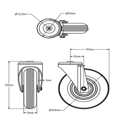 Luftbereifte Lenkrolle 200 mm Rillenprofil 4PR - 75 kg