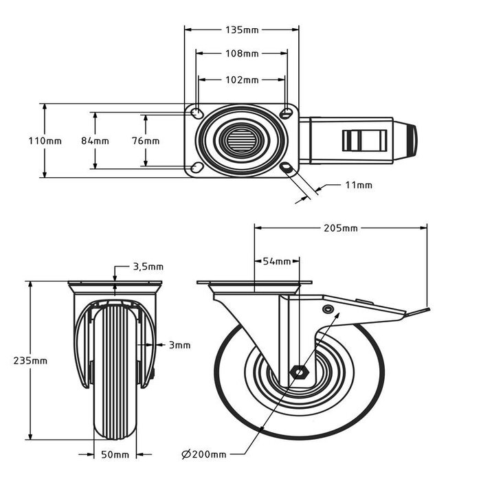 Luftbereifte Lenkrolle mit Bremse 200 mm Rillenprofil 4PR - 75 kg