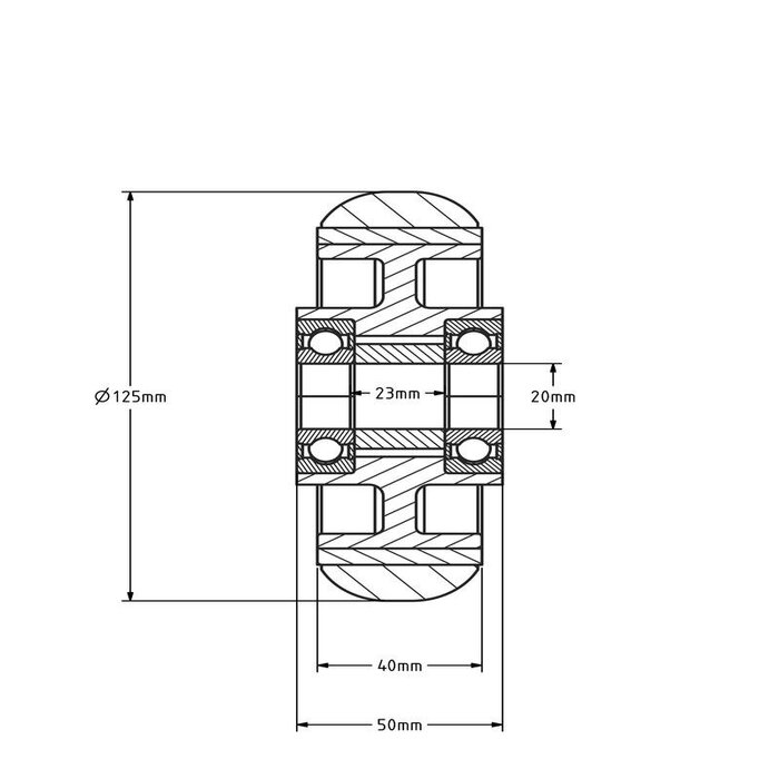 Ballige Polyurethanrad 125 mm - Kugellager 20 mm - 310 kg