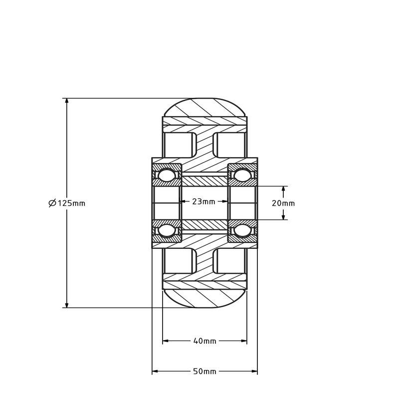 Ballige Polyurethanrad 125 mm - Kugellager 20 mm - 310 kg