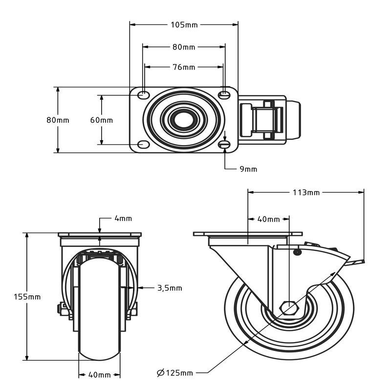 Ballige Polyurethan-Lenkrolle mit Bremse 125 mm - 310 kg