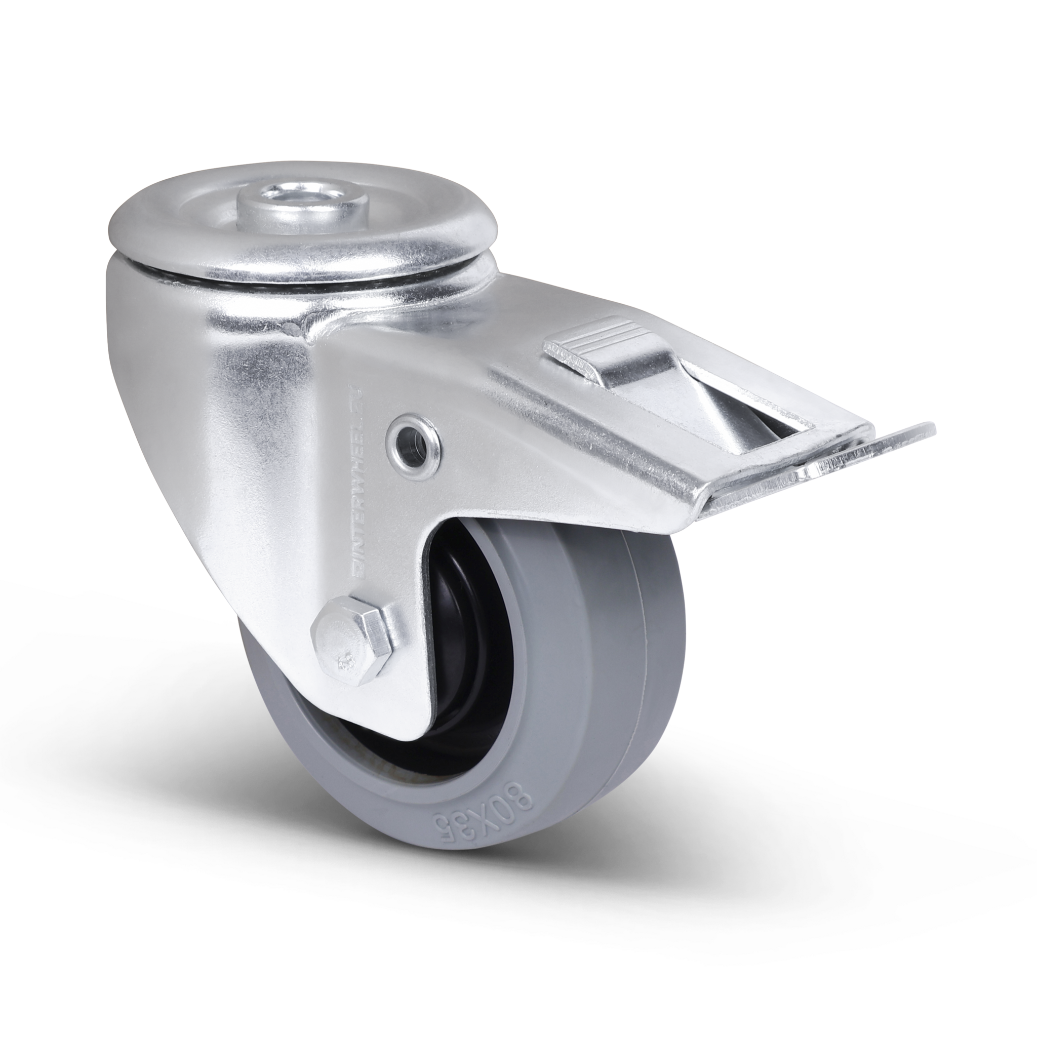 Gummi-Lenkrolle mit Bremse, 80 mm – Kugellager – 110 kg