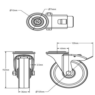 Polyurethan-Lenkrolle mit Bremse 125 mm - Edelstahl - 200 kg
