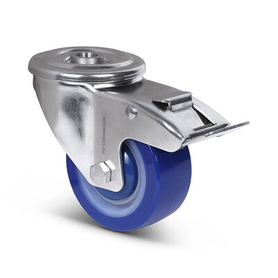 Polyurethan-Lenkrolle mit Bremse 80 mm - Edelstahl - 120 kg