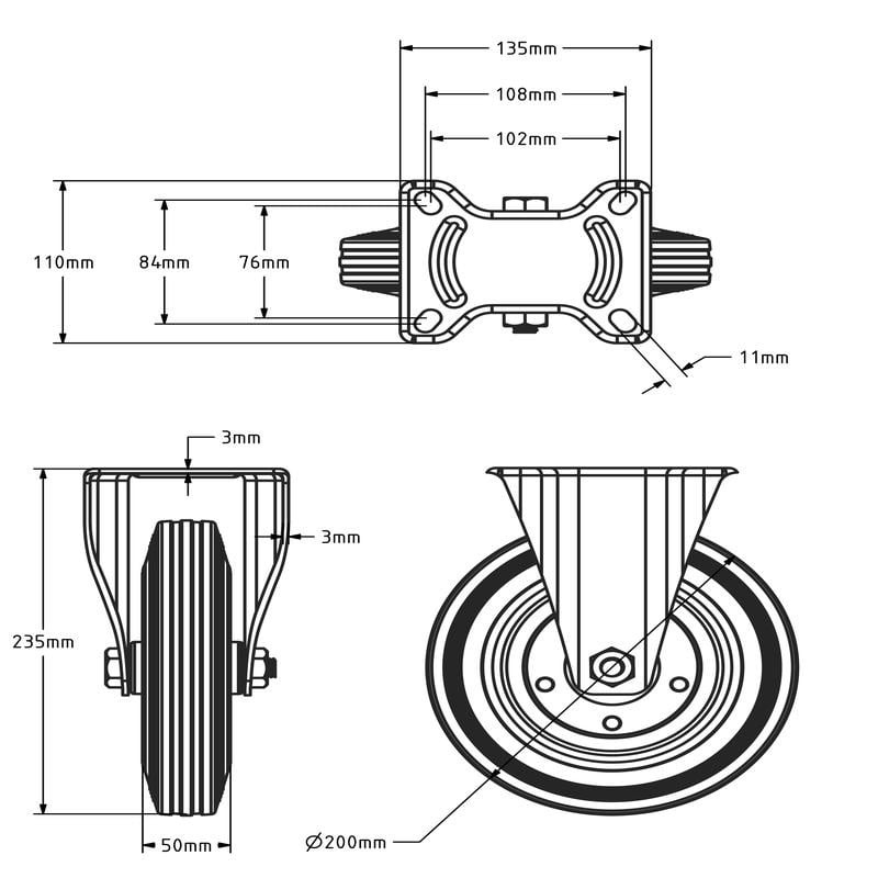 ESD-Vollgummi-Bockrolle 200 mm - Platte - 205 kg