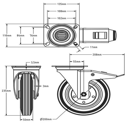 ESD-Vollgummi-Lenkrolle mit Bremse 200 mm - Platte - 205 kg