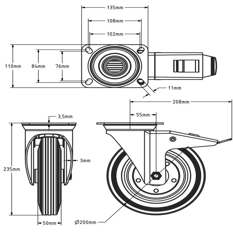 ESD-Vollgummi-Lenkrolle mit Bremse 200 mm - Platte - 205 kg
