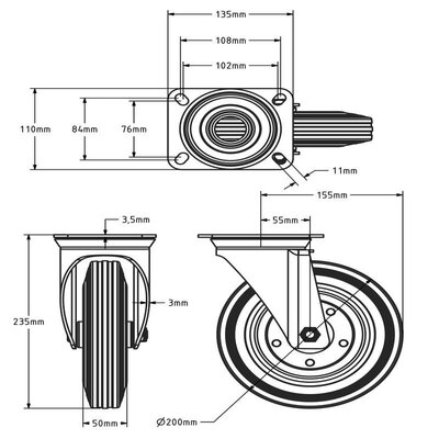 ESD-Vollgummi-Lenkrolle 200 mm - Platte - 205 kg