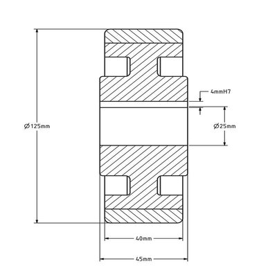 Vulkollan Antriebsrad 125x40 mm - Bohrung 25 H7 Nut - 450 kg