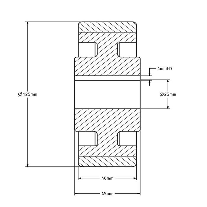 Vulkollan Antriebsrad 125x40 mm - Bohrung 25 H7 Nut - 450 kg