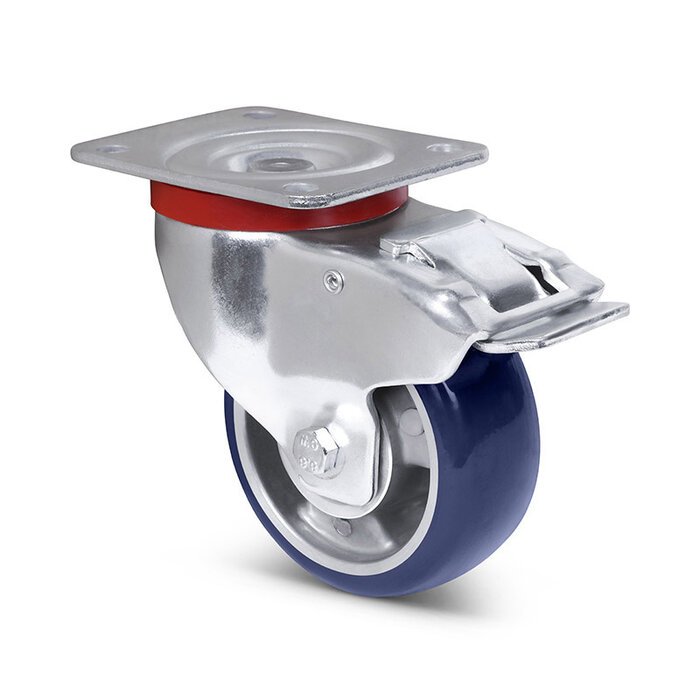 Blaue Polyurethan-Lenkrolle mit Bremse, 100 mm – 200 kg
