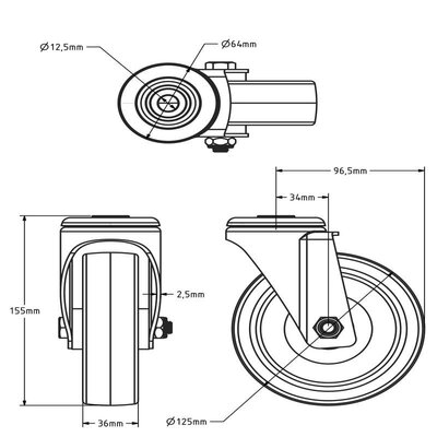 Polyurethan-Lenkrolle 125 mm - Rollenlager - 200 kg