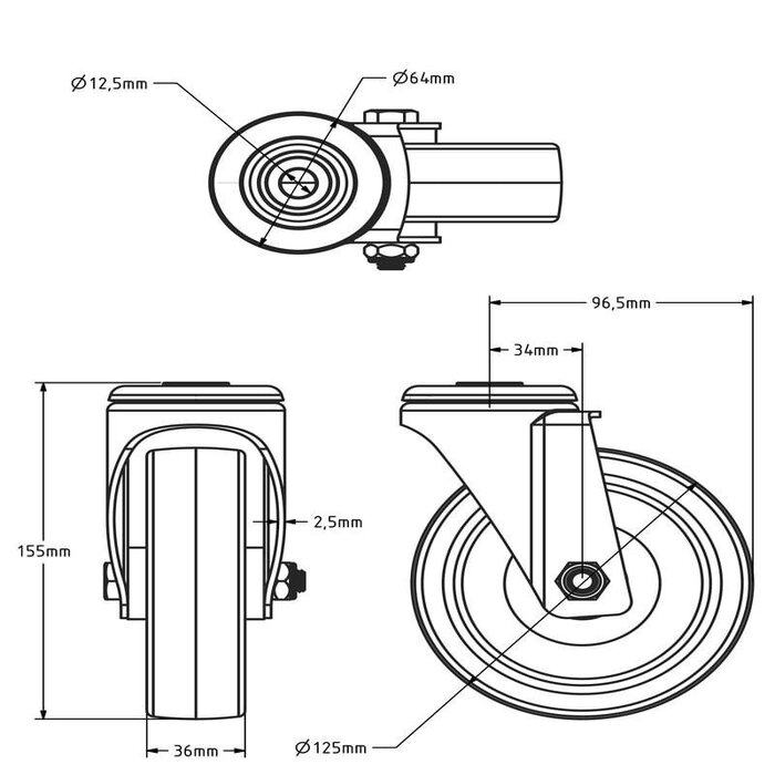 Polyurethan-Lenkrolle 125 mm - Rollenlager - 200 kg