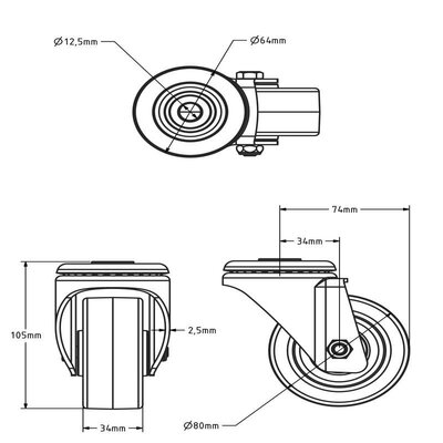 Polyurethan-Lenkrolle 80 mm - Rollenlager - 130 kg
