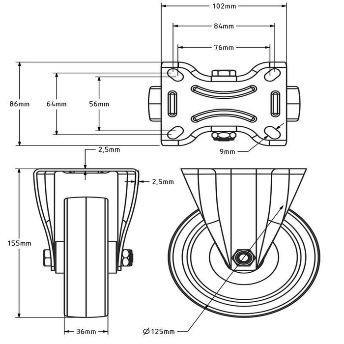 Polyurethan-Bockrolle 125 mm - Rollenlager - 200 kg