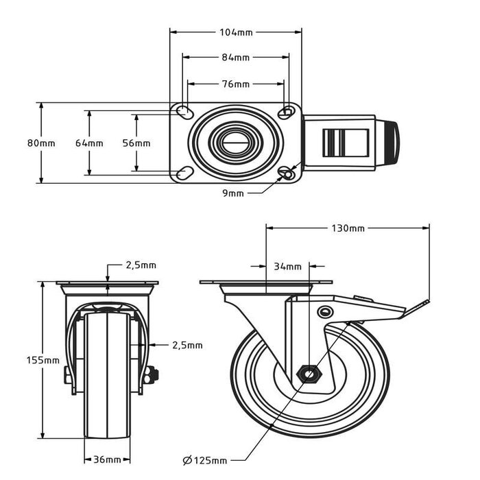 Polyurethan-Lenkrolle mit Bremse 125 mm - Rollenlager - 200 kg