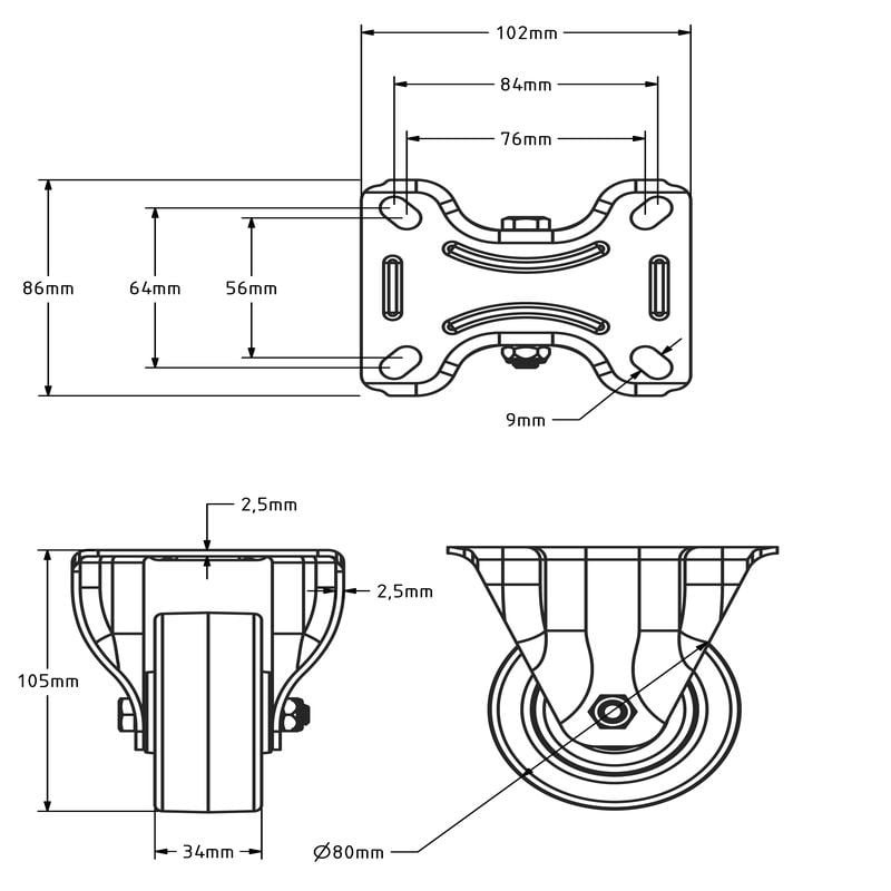 Polyurethan-Bockrolle 80 mm - Rollenlager - 130 kg