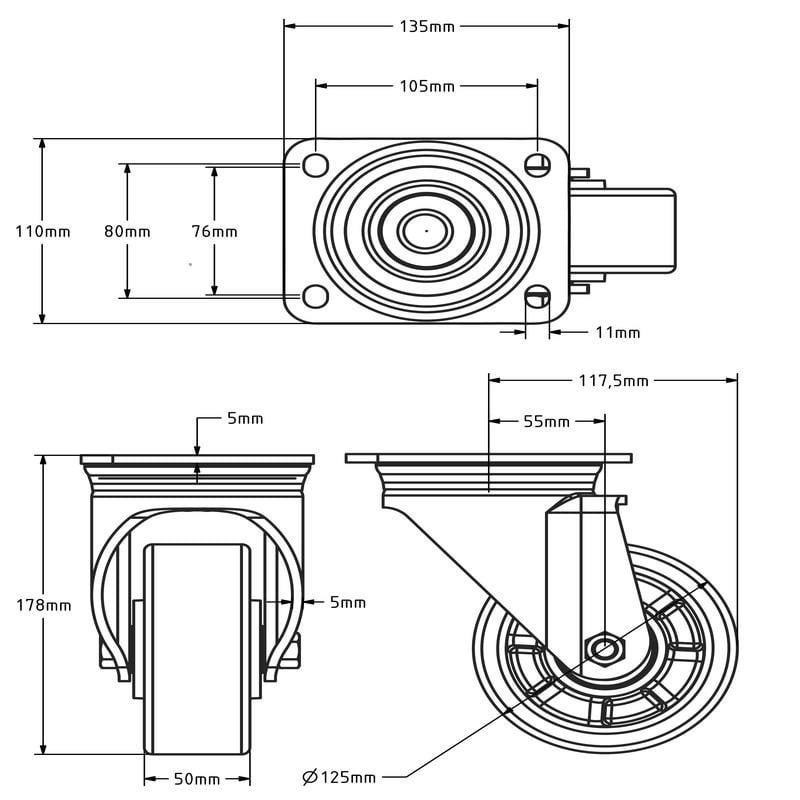 Polyurethan-Schwerlast-Lenkrolle 125 mm - Kugellager - 500 kg