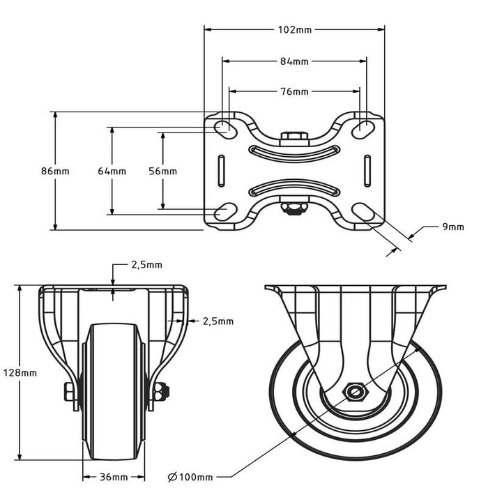 Elastische Gummi-Bockrolle 100 mm - Kugellager - 160 kg
