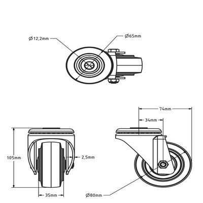 Elastische Gummi-Lenkrolle 80 mm - Kugellager - 110 kg