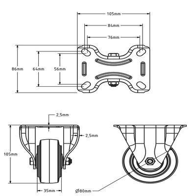 Elastische Gummi-Bockrolle 80 mm - Kugellager - 110 kg