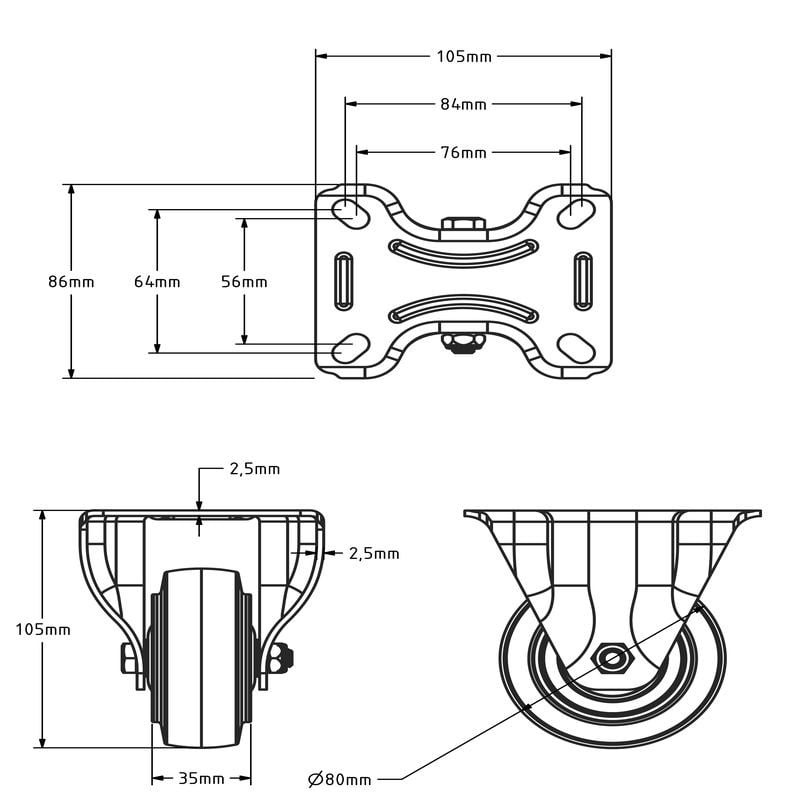 Elastische Gummi-Bockrolle 80 mm - Kugellager - 110 kg