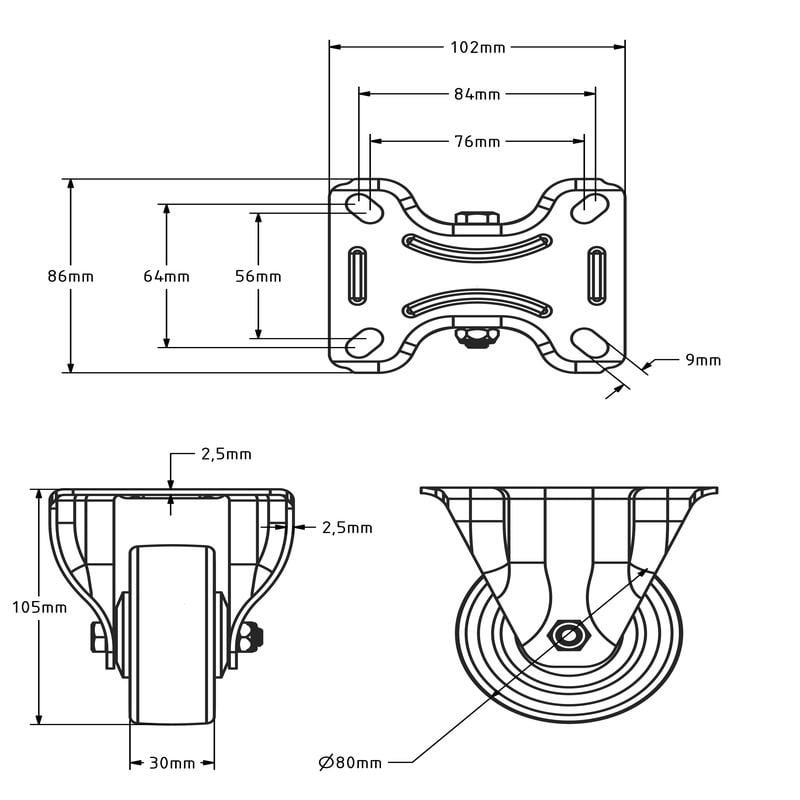 Thermoplastische Gummi-Bockrolle 80 mm - Kugellager - 80 kg