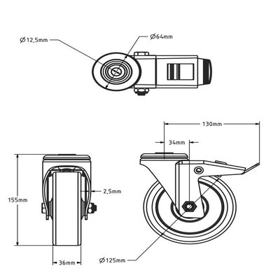 Polyurethan-Lenkrolle mit Bremse 125 mm - Kugellager - 200 kg