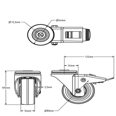 Polyurethan-Lenkrolle mit Bremse 80 mm - Kugellager - 120 kg