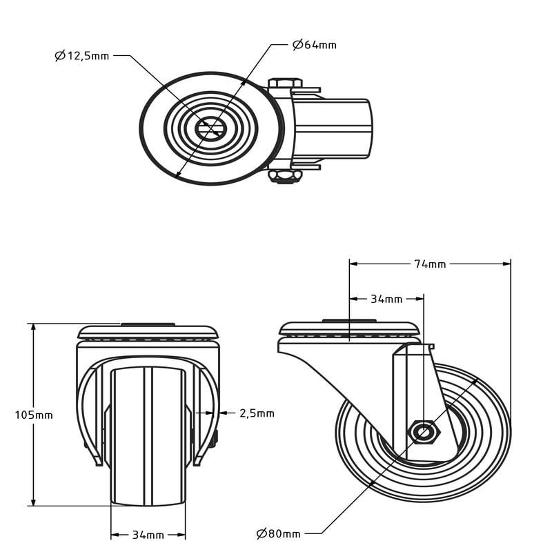 Polyurethan-Lenkrolle 80 mm - Kugellager - 120 kg