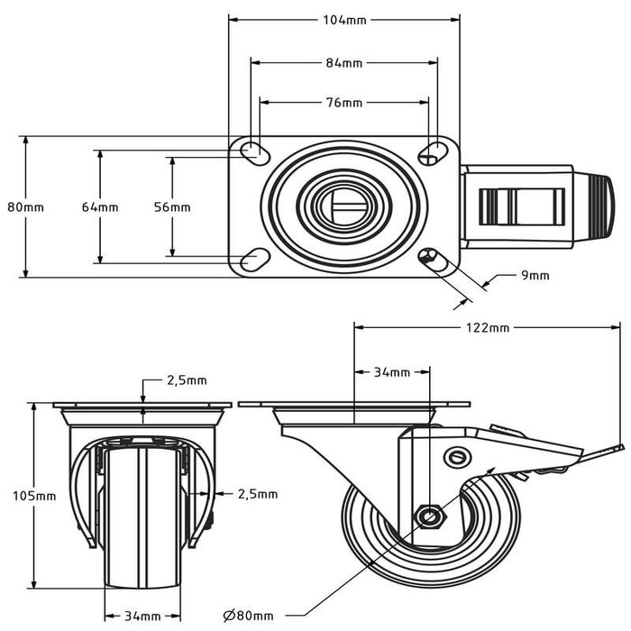 Polyurethan-Lenkrolle mit Bremse 80 mm - Kugellager - 120 kg