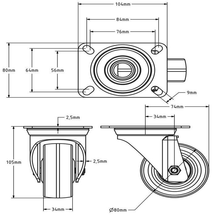 Polyurethan-Lenkrolle 80 mm - Kugellager - 120 kg