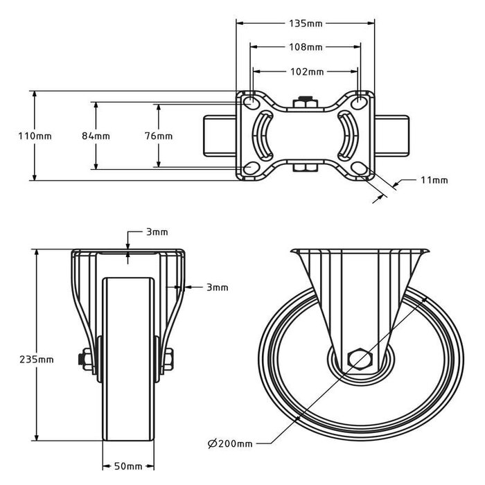 Polyurethan-Bockrolle 200 mm - Rollenlager - 400 kg