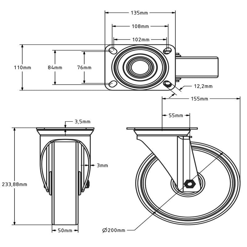 Polyurethan-Lenkrolle 200 mm - Rollenlager - 400 kg