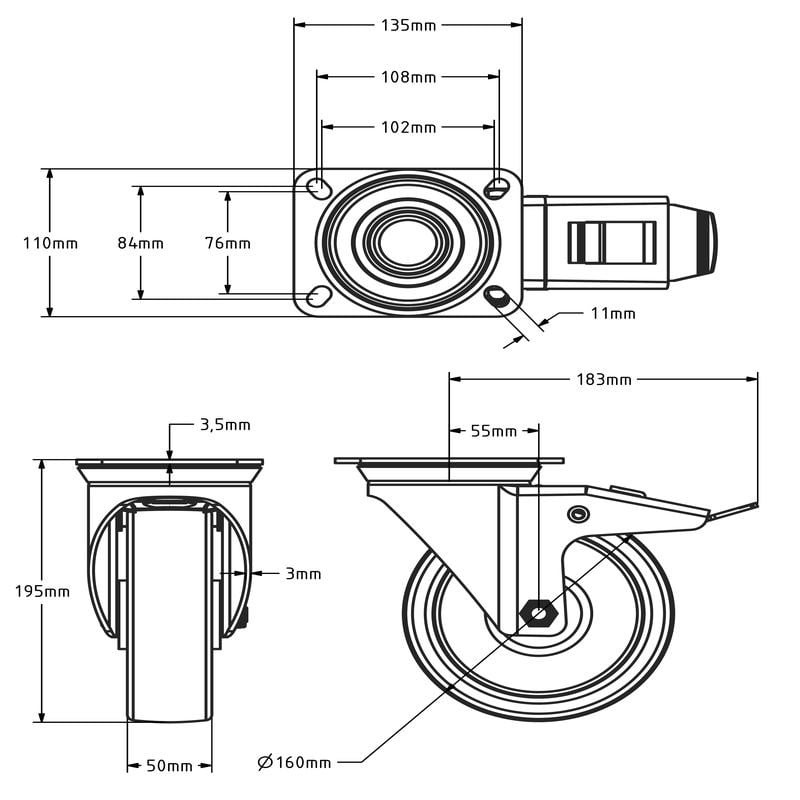 Polyurethan-Lenkrolle mit Bremse 160 mm - Rollenlager - 300 kg