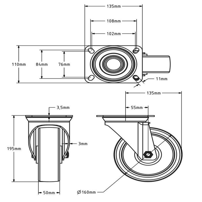 Polyurethan-Lenkrolle 160 mm - Rollenlager - 300 kg