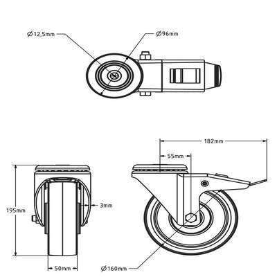 Polyurethan-Lenkrolle mit Bremse 160 mm - Kugellager - 300 kg