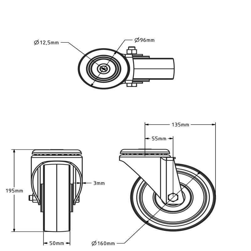 Polyurethan-Lenkrolle 160 mm - Kugellager - 300 kg