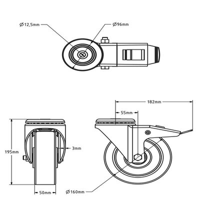 Elastische Gummi-Lenkrolle mit Bremse 160 mm - Kugellager - 300 kg