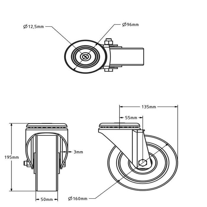 Elastische Gummi-Lenkrolle 160 mm - Kugellager - 300 kg