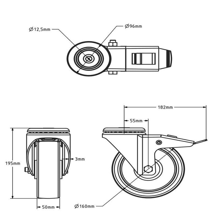 Polyurethan-Lenkrolle mit Bremse 160 mm - Rollenlager - 300 kg