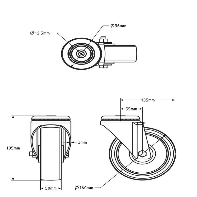 Polyurethan-Lenkrolle 160 mm - Rollenlager - 300 kg